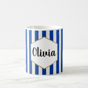 Persoonlijke blauwe en witte gestreepte koffiemok