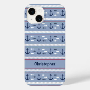 Persoonlijke Blauwe en Witte Nautilische Ankers Case-Mate iPhone 14 Hoesje
