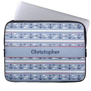 Persoonlijke blauwe en witte nautische ankers  laptop sleeve