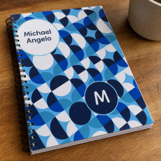 Persoonlijke blauwe geometrische monogramnaam notitieboek