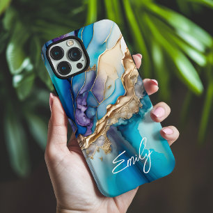 Persoonlijke Blauwe Goud Marmer Calligrafie Naam iPhone 16 Pro Max Hoesje