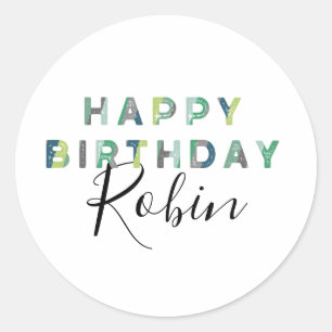 Persoonlijke blauwe groene letters Happy Birthday Ronde Sticker