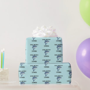 Persoonlijke blauwe haai knuffel cadeaupapier
