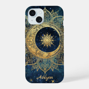Persoonlijke Blauwe Hemelse Gouden Zon Maan Mandal iPhone 15 Hoesje