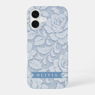 Persoonlijke Blauwe Kant Bloemige Elegante Romanti iPhone 16 Hoesje