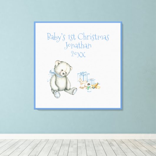 Persoonlijke blauwe kerst herinnering voor baby's  canvas afdruk (Insitu (Houten vloer))