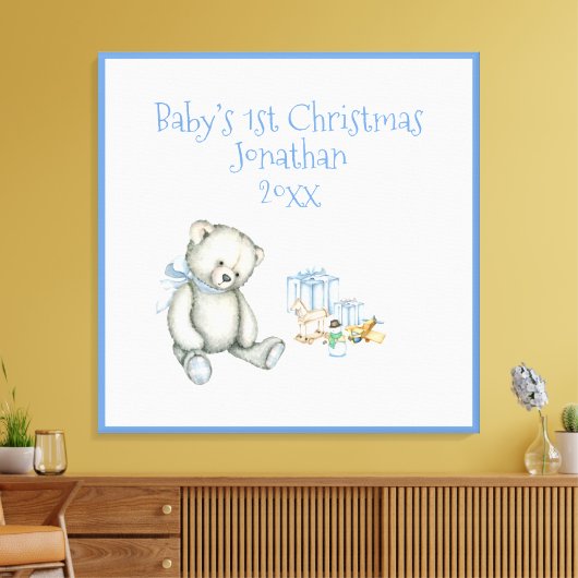 Persoonlijke blauwe kerst herinnering voor baby's canvas afdruk (Insitu (Woonkamer))