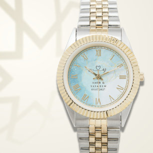 Persoonlijke Blauwe Marmeren Heren Tweekleurig Gou Horloge