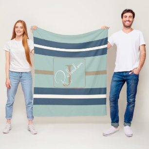 Persoonlijke Blauwe Mint Tan Streep Monogram Coast Fleece Deken