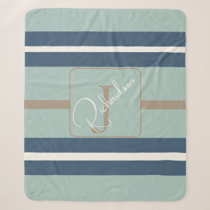 Persoonlijke Blauwe Mint Tane Streep Monogram Coas Sherpa Deken
