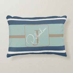 Persoonlijke Blauwe Mint Tane Streep Monogram Kust Accent Kussen