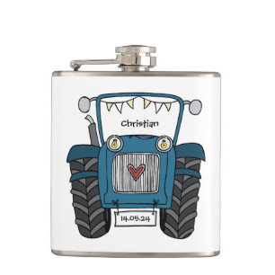 Persoonlijke blauwe tractor landelijke huwelijksca heupfles