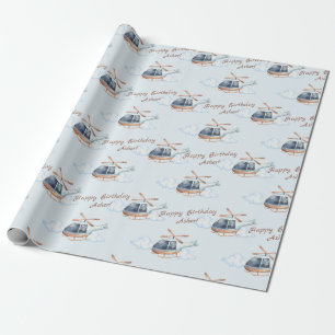 Persoonlijke Blauwe Verjaardag Aquarel Helikopter Cadeaupapier
