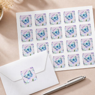 Persoonlijke Blauwe Vlinder en Lavendel Vierkante Sticker