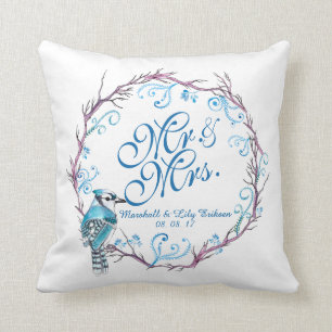Persoonlijke blauwe vogel en Floral Wedding Pillow Kussen