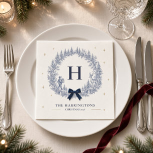Persoonlijke blauwe winter toile monogram Kerstmis Servet