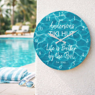 Persoonlijke Blauwe Zwembad Familie Naam Tiki Hut Grote Klok