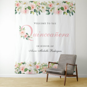 Persoonlijke bloemige Quinceanera-foto-achtergrond Wandkleed