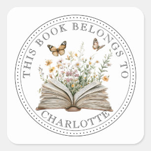 Persoonlijke bloemrijke boekentuin vierkante sticker