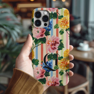 Persoonlijke bloemstreep monogram iPhone 16 pro max hoesje