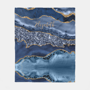 Persoonlijke Blue Gold Glitter Agate Marble Trendy Fleece Deken