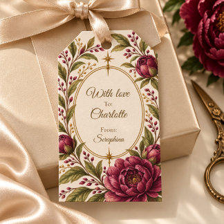 Persoonlijke bordeaux pioenroos ivoor bloemensiera cadeaulabel
