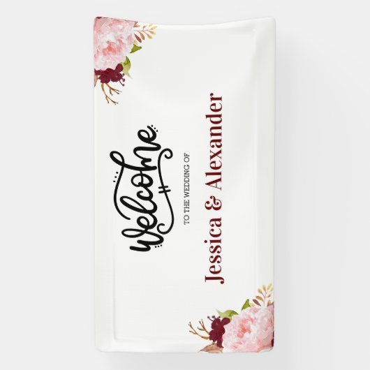Persoonlijke bordeauxrode bloemen-huwelijksbanner spandoek (Verticaal)