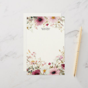 Persoonlijke bordeauxroze wilde bloemen bloemstukk briefpapier