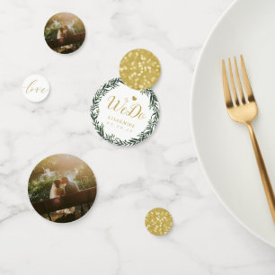 Persoonlijke botanische krans gouden bruiloft tafe confetti