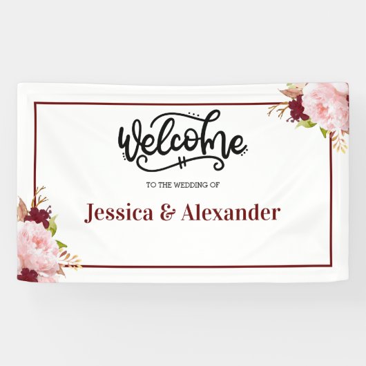 Persoonlijke Bourgogne Floral Wedding Spandoek (Horizontaal)