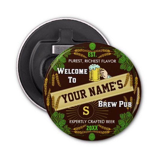 Persoonlijke Brewpub Welkom: Hops Barley Beer Button Flesopener (Voorkant)