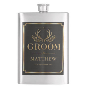 Persoonlijke Bruidegom Zwart en Gouden Hip Flask Flacon