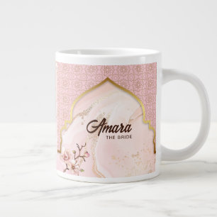 Persoonlijke Bruids Koffiemok – Roze & Gouden Boog Extra Grote Beker