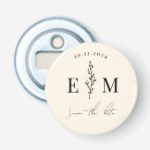 Persoonlijke bruidsparen bruiloft save the date button flesopener (Voorkant)