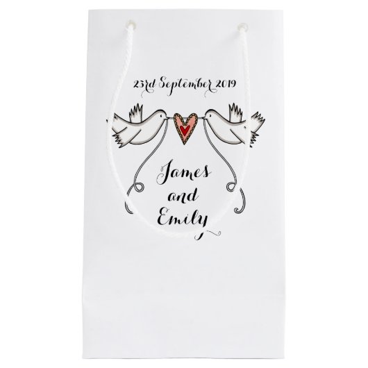 Persoonlijke bruiloft Gift Bag White Doves Klein Cadeauzakje (Voorkant)