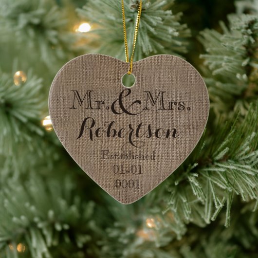 Persoonlijke burlap-look Rustic Wedding Keepomwill Keramisch Ornament (Boom)