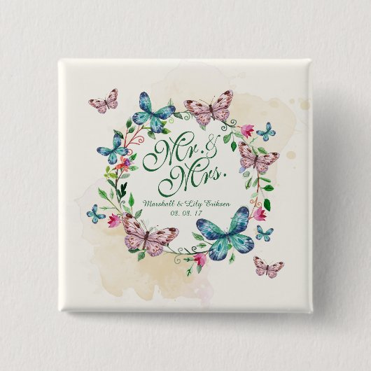 Persoonlijke Butterfly Wreath Wedding Pin Button (Voorkant)