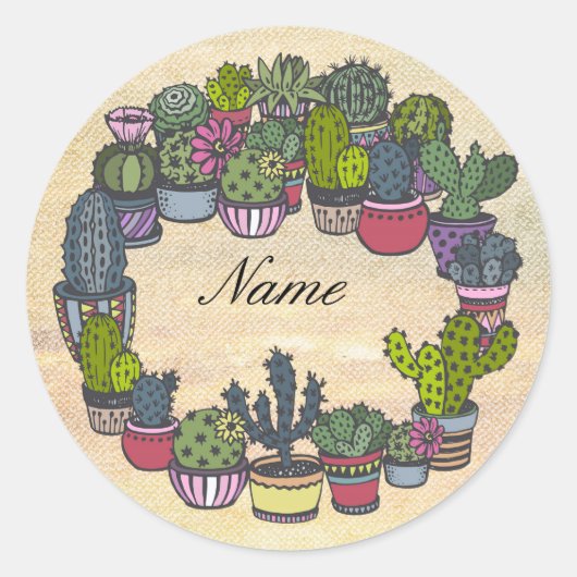 Persoonlijke Cactus Wreath Ronde Sticker (Voorkant)