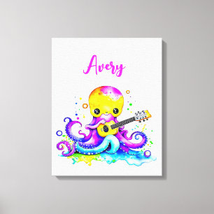 Persoonlijke Cartoon Octopus die Gitaar Speelt Canvas Afdruk