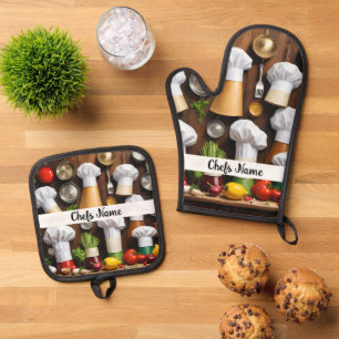 Persoonlijke chef-kokhoeden   ovenwant & pannenlap set