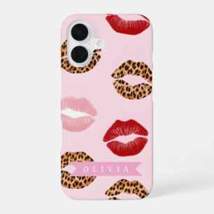 Persoonlijke Chic Roze Luipaardprint Lippatroon iPhone 16 Hoesje