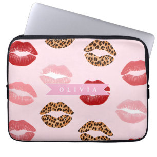 Persoonlijke Chic Roze Luipaardprint Lippatroon Laptop Sleeve