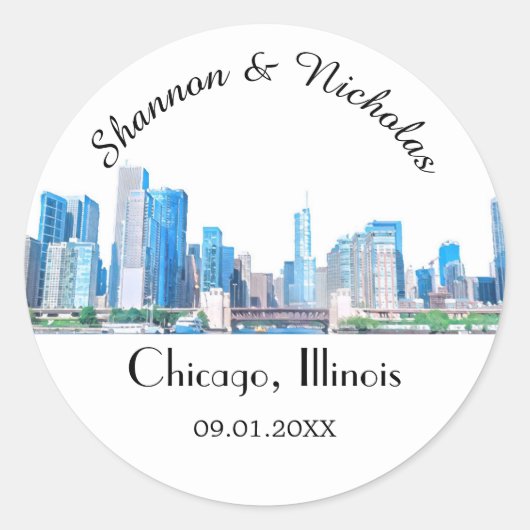 Persoonlijke Chicago Skyline Wedding Ronde Sticker (Voorkant)