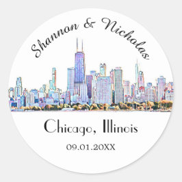 Persoonlijke Chicago Skyline Wedding Ronde Sticker