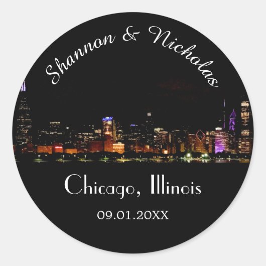 Persoonlijke Chicago Skyline Wedding Ronde Sticker (Voorkant)