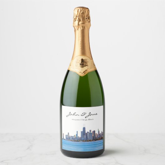Persoonlijke Chicago Skyline Wedding Sparkling Wijnetiket (Voorkant)