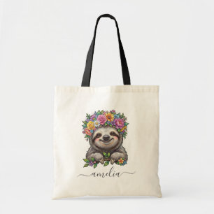 Persoonlijke Cute Bloem Sloth met Bloemen Kroon Tote Bag