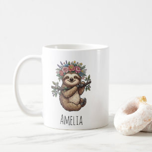 Persoonlijke Cute Bloemige Luiaard met Bloemen Kro Koffiemok