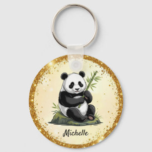 Persoonlijke Cute Panda Beer Groene Bamboe Goud Sleutelhanger