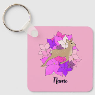 Persoonlijke Cute Ree en Bloemen Roze Sleutelhanger